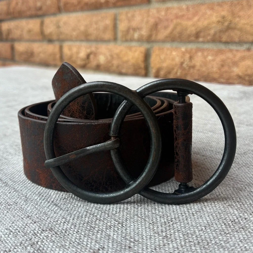 Vintage Double O-Ring Brown Leather Belt Matte Black Interlocking Circle Buckle